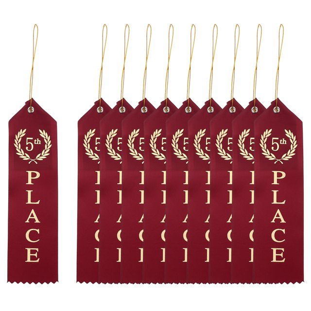 Unique Bargains Rubans de Récompense Cinq Places, Rubans de 5e Gagnant avec Carte Uniforme et Corde, Rouge 10 Pcs. un Ensemble de Dix Rubans en polyester Rouges, Chacun 20 x 5 cm, Présentant « 5e Place » en Texte Doré avec un Motif de Laurier. Comprend des Cordes Dorées pour l'Attache et des Cartes de 8 x 4 cm pour les Détails d'Événement. Idéal pour les Compétitions, les Remises de Diplômes, les Mariages et les Fêtes.