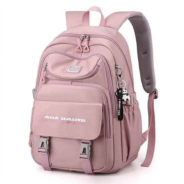 Waterproof nylon backpack for teenagers in a soft pink color with a large capacity design. Features multiple compartments, adjustable padded shoulder straps, and a front pocket with a buckle closure. Includes a decorative keychain with a panda design. Suitable for school, travel, camping, and daily use.