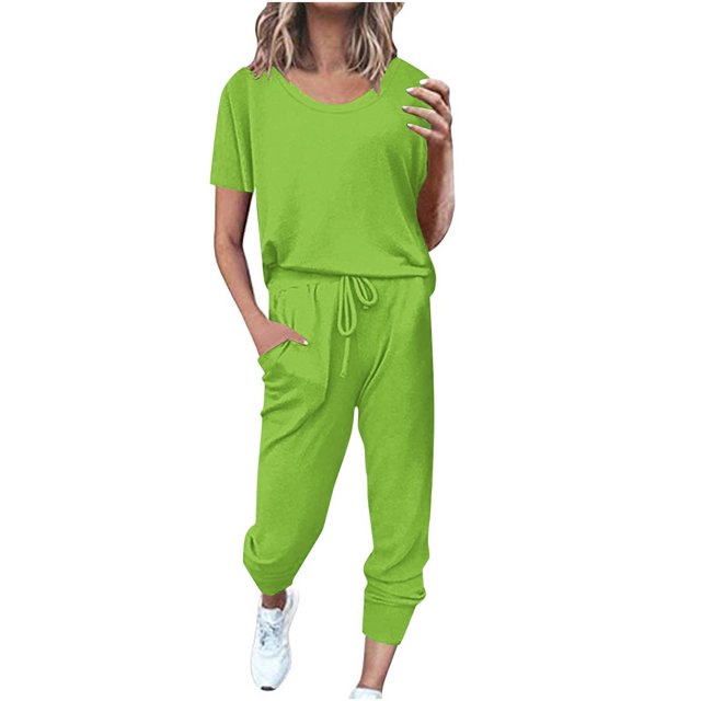 Yuyuzo Womens Workout Sets 2 Piece Short Sleeve Crew Neck T-Shirts Drawstring Jogger Pants with Pockets