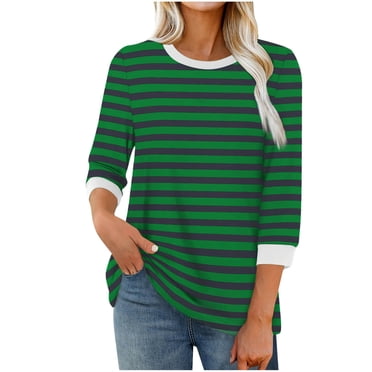 cfhntfmh Chemises à Rayures d'Automne pour Femmes Coupe Ample Hauts Décontractés T-Shirts à Col Rond Mode T-Shirt à Manches 3/4 Vêtements Confort