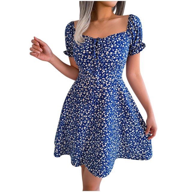 XZNGL Womens Casual Flared Sleeve Drawstring Dress with Floral Arrangements