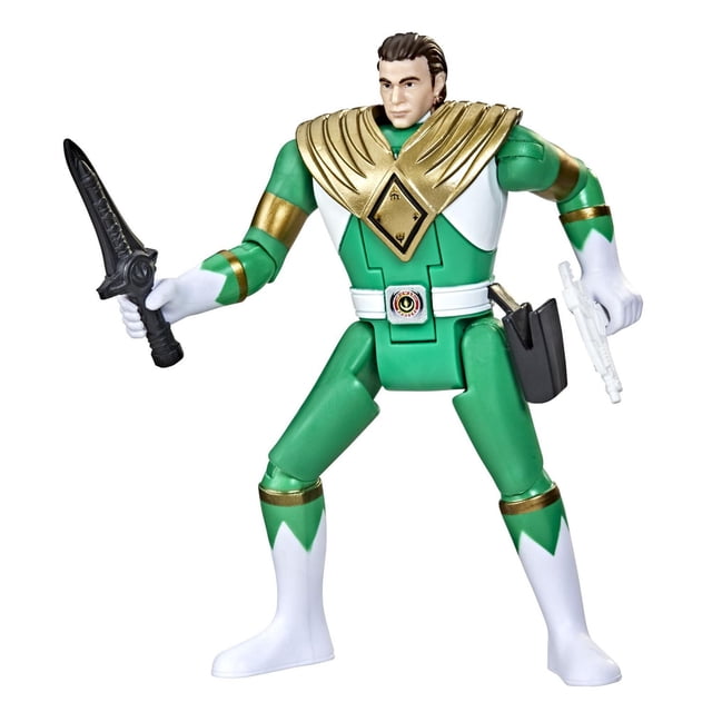 Power Rangers Retro-Morphin Ranger Vert Tommy Fliphead Figurine d'Action Inspirée du Jouet Morphin Classique Puissant, 6,5 Pouces de Hauteur, Présentant une Combinaison Verte et Blanche avec Armure de Poitrine Dorée, Tenant un Dague Dragon Noir et un blaster Blanc, avec Ceinture et Accessoires d'Holster.