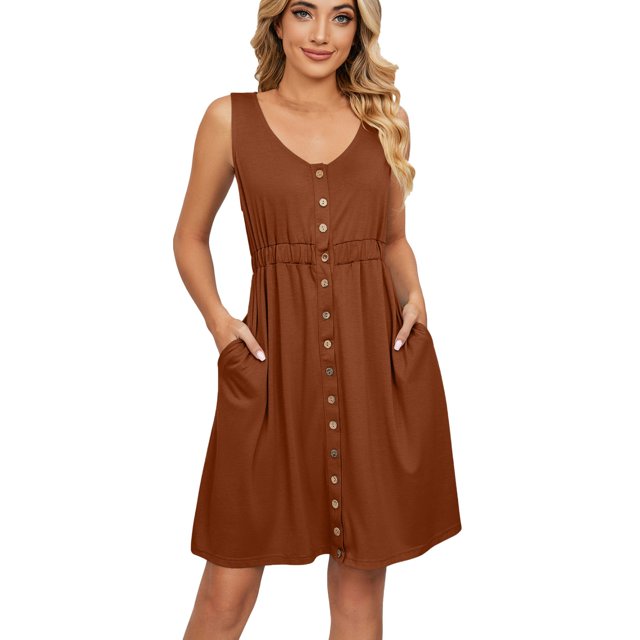 Birdeem Robe Sans Manches à Col en V Couleur Unie avec Poches pour Femmes