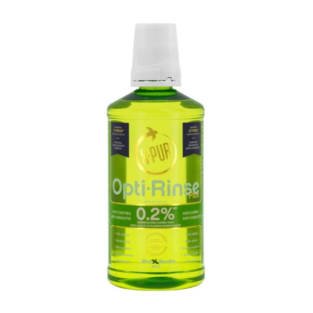 X-PUR Opti-Rinse Plus Mint Mouth Wash with 0.2% Sodium Fluoride in a clear green plastic bottle with a white child-resistant cap, featuring natural Citrox antimicrobial complex, alcohol-free formula, and designed to prevent cavities and gingivitis with a refreshing mint flavour.