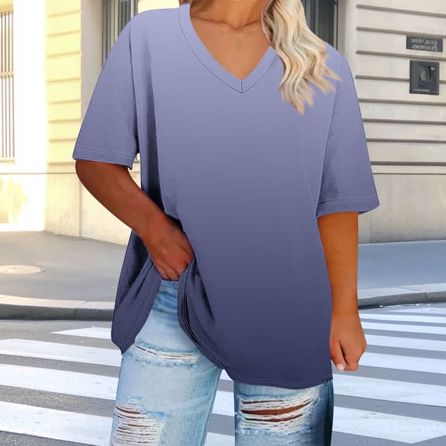 Ovbmpzd Ladies Tops V-Neck Navy Plus Size Short Sleeve Comfy Gradient Color Blouses Womens Camisole XXXXL