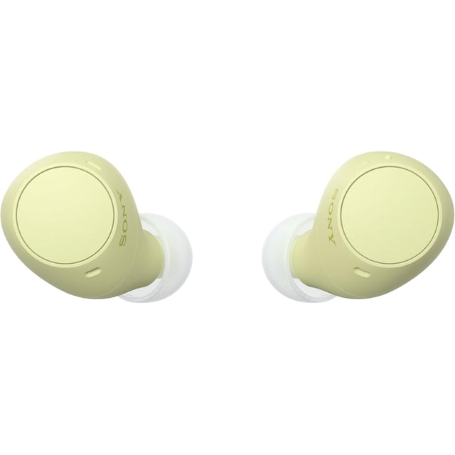 Sony WF-C510 Truly Wireless Earbuds in yellow with compact rounded design, circular touch controls, and white silicone ear tips for comfortable fit, suitable for all-day use and quick charging up to 11 hours playback.