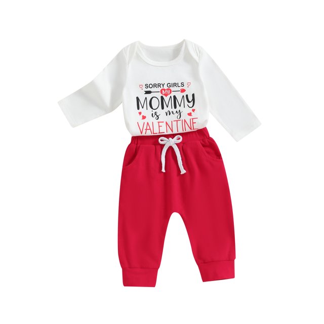 Honganda 0-18 Months Baby Boy Valentine's Day Outfit Letter Heart Long Sleeve Rompers Pants Set Fall Spring 2 Pcs Clothes