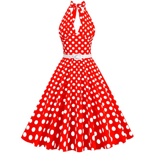 Birdeem Robe de Soirée pour Femmes, Confortable, d'Été, à Manches Courtes, Dos Nu, Col en V, Vintage, Coupe Régulière, à Pois