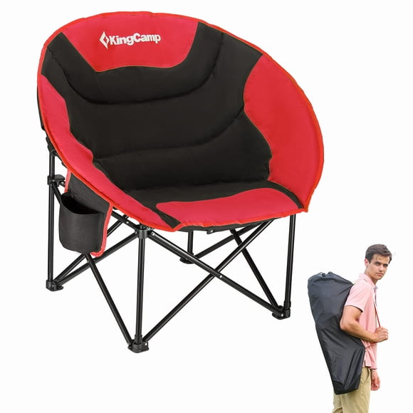 KingCamp Oversized Saucer Round Camping Chair Portable Padded Outdoor Folding Chair for Adult with Cup Holder Back Pocket Carry Bag, Support Up to 300lbs, Red