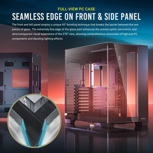 Antec Chassis C8 Full Tower ATX PC Case shown in a 3/4 view with 45° beveled tempered glass front and left panels creating a seamless 270° panoramic view, designed for custom PC builds with advanced cooling support and RGB lighting compatibility.