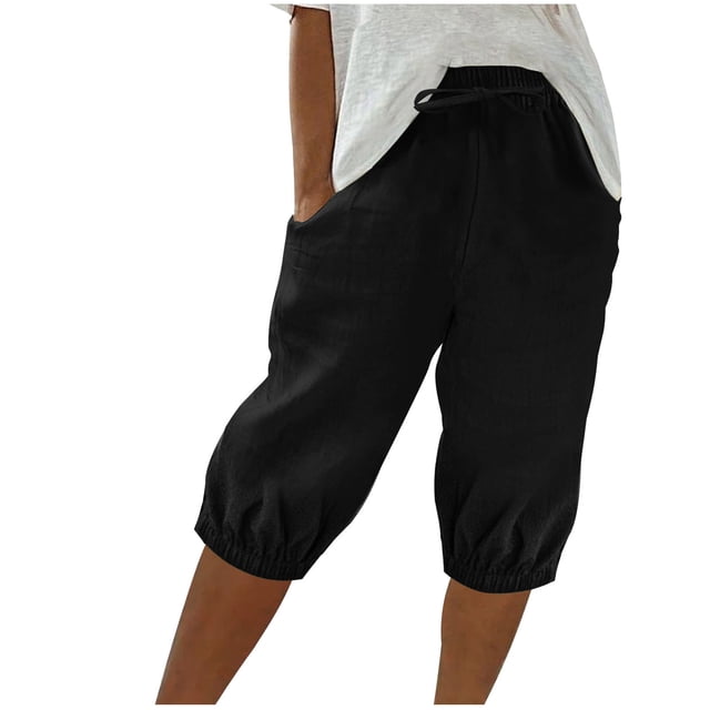 Timegard Shorts pour Femmes, Taille Haute Élastique, Cordon de Serrage, Bas Resserré, Shorts Mi-Cuisse Décontractés avec Poches