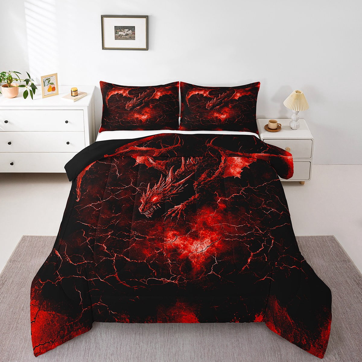Erosebridal Magic Animal Bedding Sets King with Comforter, Red Dragon Duvet Insert, Boho Mandala Floral Decorative, Reversible
