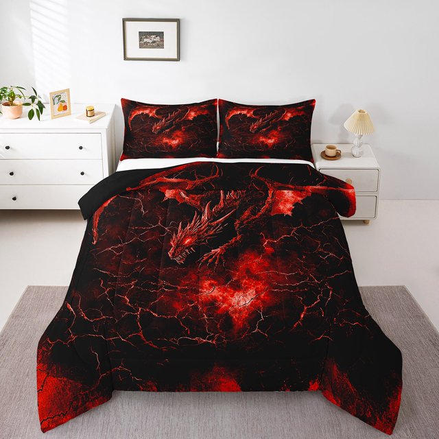 Erosebridal Magic Animal Bedding Toddler Comforter Set, Red Dragon Down Comforter, Boho Mandala Floral Decorative, Reversible