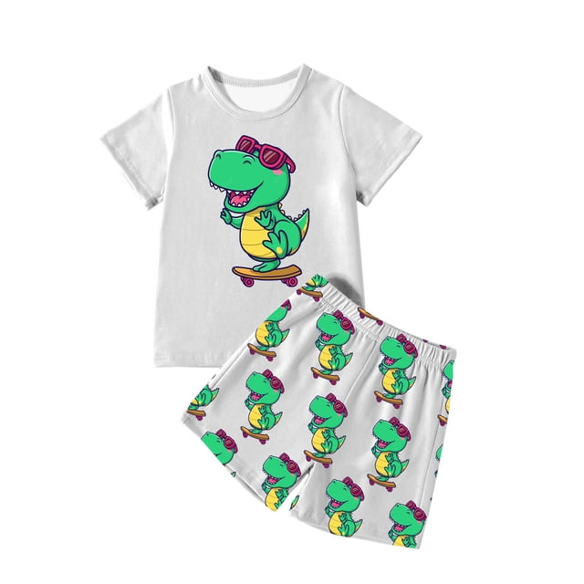 MIASHUI Ensembles et Ensembles pour Garçons Imprimé Dinosaure T-Shirt à Manches Courtes Col Ras du Cou et Ensemble de Shorts pour Tenue Décontractée Âges 4-12 pour Activités Quotidiennes et de Plein Air