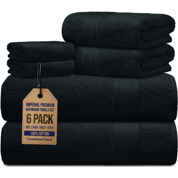 Canadian Linen Serviettes Impériales, Lot de 6 (Ensemble Bain, Main, Débarbouillette) Séchage Rapide Douces Absorbantes Serviette en Coton Légère pour Maison Spa Salon de Coiffure, Noir