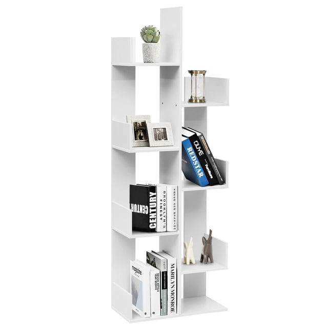 Gymax Bibliothèque à 8 Niveaux avec 8 Compartiments Ouverts en Blanc, au design vertical Gain de Place. Fabriquée en Panneau d'Agglomérats Robuste, Elle Comprend des Panneaux Latéraux et Arrière pour Empêcher les Articles de Tomber. la Bibliothèque Est Montrée Tenant des Livres, des Articles de Déco et des Plantes, Convient aux Salons, Chambres Ou Couloirs. Dimensions : 57 Pieds' (L) x 20 Pieds' (L) x 10 Pieds' (H).