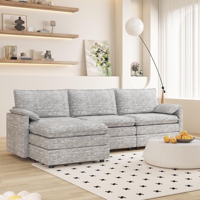 Canapé Sectionnel Modulaire avec Ottoman Mobile, Canapé Nuage en Chenille en L