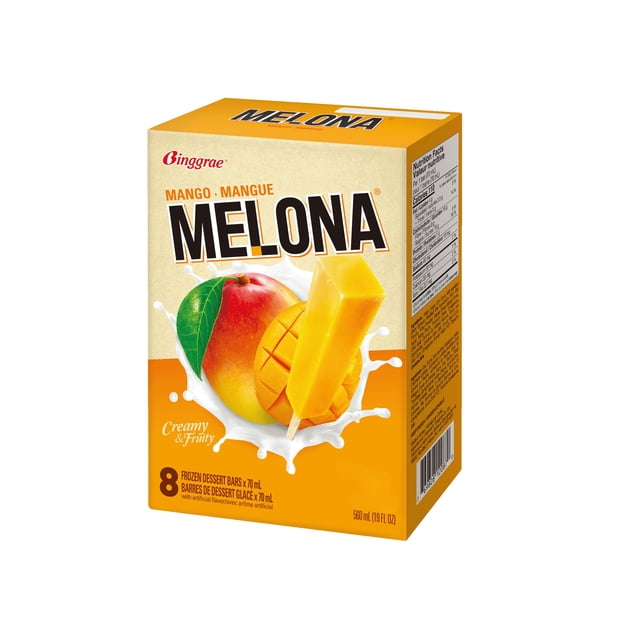 Melona Mango ND frozen dessert box containing 8 non-dairy mango-flavored ice bars, each 70 ml, with a sliced mango and creamy splash on a yellow-orange package, authentic Korean frozen dessert suitable for a fruity snack in the mochi and ice cream bars category.