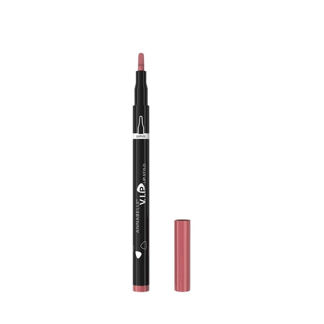 V.I.P. Lip Stylo by Annabelle, a semi-permanent lip pen with a dual-edged paddle-shaped felt tip in muted rose, featuring a black pen body with white branding and a matching rose cap, designed for a semi-matte finish and multifunctional lip application ideal for precise lip lining and filling.