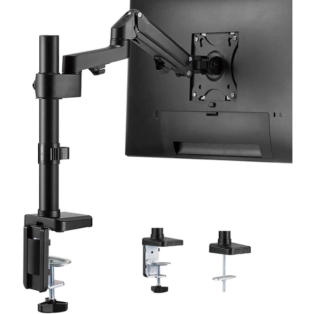 Single Monitor Stand - Gas Spring Single Arm Monitor Desk Mount designed for 17 to 27 inch screens. Features a height-adjustable VESA bracket with a clamp and grommet mounting base. The matte black aluminum arm offers +45° to -45° tilt, +90° to -90° swivel, and 180° screen rotation. Includes built-in cable management for a tidy workspace and supports both portrait and landscape orientations. Compatible with VESA 75x75 and 100x100 standards, with a weight capacity of 4.4 to 15.4 lbs. Shown with a monitor attached and clamp and grommet mounting options displayed.