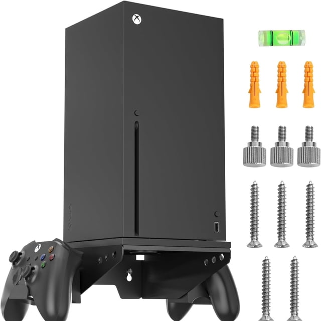 Wall Mount Kit For Xbox Series X with a durable wall bracket, detachable controller holder, and headset holder for organized gaming setups. Includes screws, anchors, and a level for simple installation. Features enhanced ventilation for optimal console cooling and adjustable display options for flexible positioning.