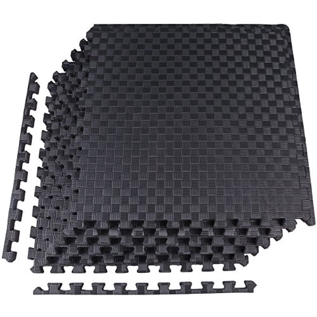 BalanceFrom 6-Pack 24”x24” Interlocking Foam Puzzle Exercise Mat, 1” Thick, Black. The image displays six black foam tiles with a textured, anti-slip surface, stacked with additional border pieces. Each tile measures 24 x 24 inches and is 1 inch thick, covering 24 square feet. Made of high-density EVA foam, these mats provide cushioning and impact absorption for workouts, play areas, or daycare spaces. Lightweight and moisture-resistant, they are easy to assemble, clean, and transport.