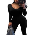 thumbnail image 2 of Women Long Jumpsuit Solid Color Long Sleeve U Neck Slim Bodysuit, 2 of 7