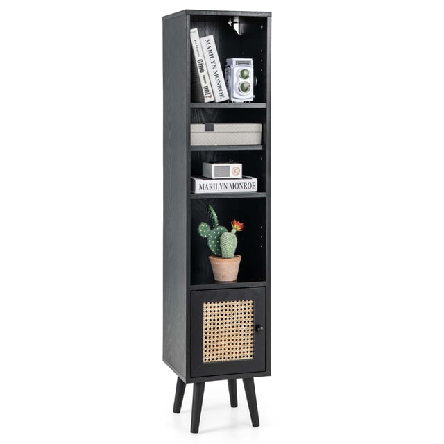 Costway Rattan Storage Cabinet Freestanding Slim Organizer Wood Display Rack Living Room Black
