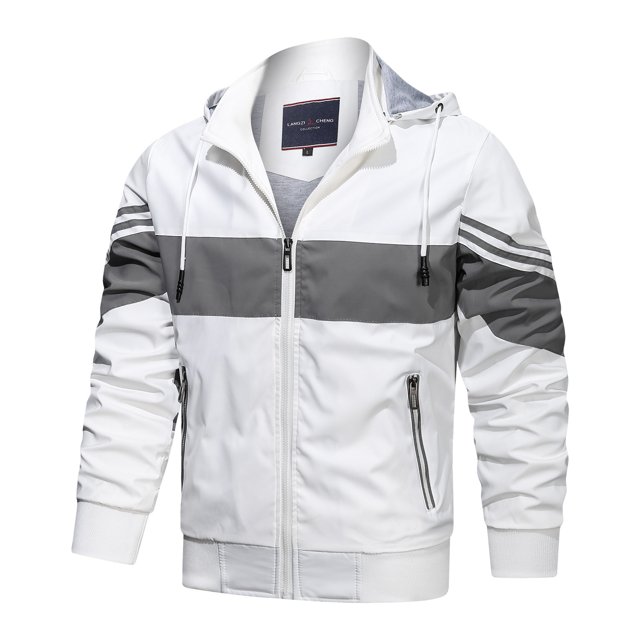Qertyioot Men's Contrasting Color Hooded Zipper Casual Warm Windproof Pocket Motorcycle Jacket