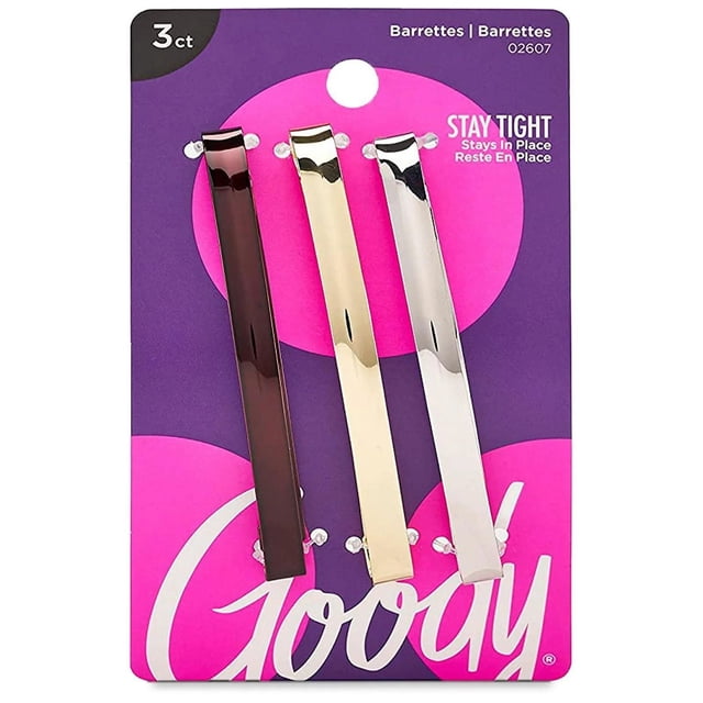 Goody Barrette Stay Tight - 3 Ct avec Trois barrettes Métalliques pour Cheveux en Brun Foncé, or et Argent sur une Carte de Marque Violette et Rose, Conçues pour une Prise Antidérapante Qui Reste Serrée et un Port Toute la Journée, Convenant à Tous les types de Cheveux et à Toutes les Couches de Coiffage Ou Frange.