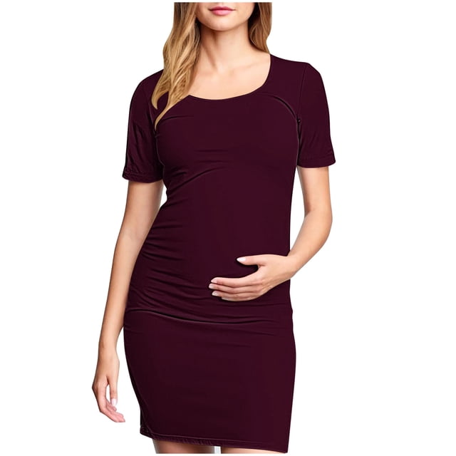 yoeyez Liquidation de Vêtements de Maternité Robe Grande Taille Femme Manches Courtes Col Rond Robe Simple Shower de Bébé Tenue Quotidienne Robe Soleil Robe Moulante Froncée Midi Robes Ajustées Vin,TG