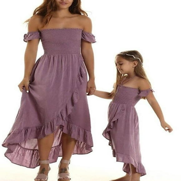 Mommy and Me Dress Matching Outfits Off Shoulder Beach Boho Maxi Ruffle Chiffon Dress for Mother and Daughter