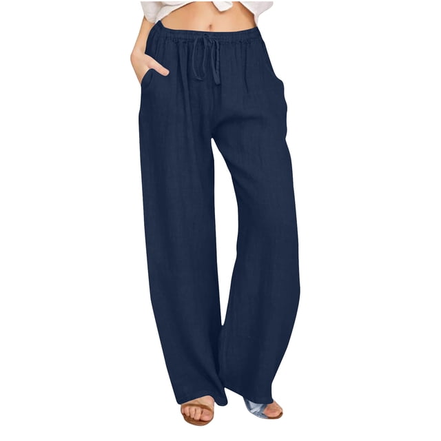 Timegard Cotton Linen Pants for Women Elastic Waist Drawstring Fall Travel Casual Pants with Pockets