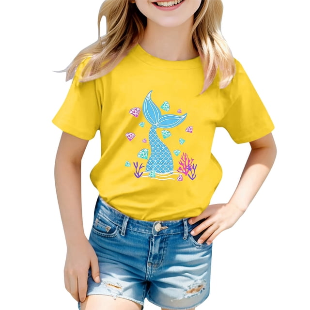 T-shirts Filles Enfants Mignon Océan Graphique Imprimé Manches Courtes Tees Amples Hauts Filles Jaune 2-3 Ans