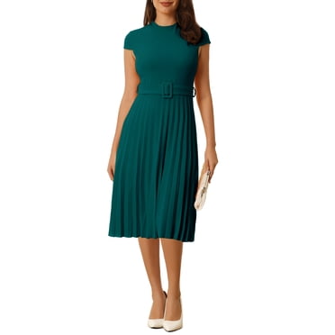 INSPIRE CHIC Women's Pleated Dress Mock Neck Cap Sleeve Belted A-Line Dresses M Green