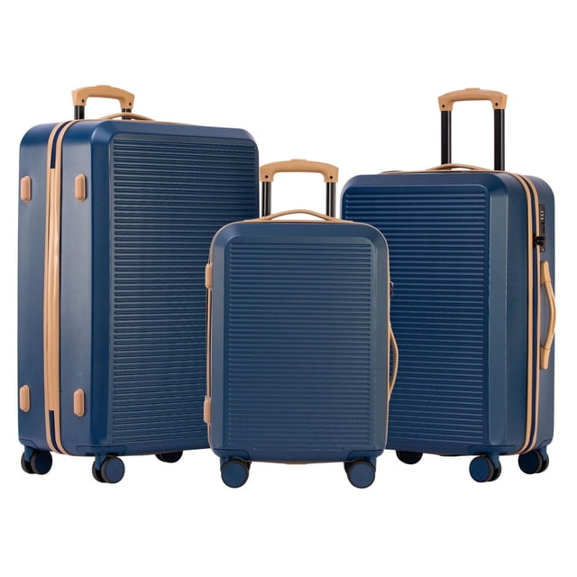 3-Piece Hardside Luggage Set including 28 inch and 24 inch large suitcases and 20 inch carry-on in navy blue ABS/PC with tan handles and trim, horizontal ridged texture, 360° spinner wheels, telescopic handles, and TSA locks, ideal for secure and smooth travel.