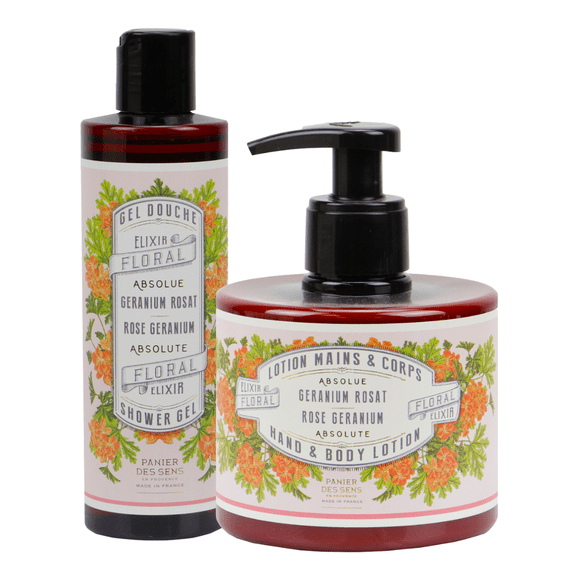 Panier Des Sens Rose Geranium Shower Gel 8.4 oz and Hand & Body Lotion 10.1 oz Set