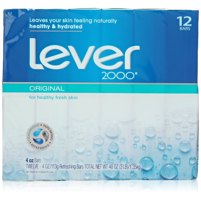 Lever 2000 Bar - Original - 4 oz - 12 ct, a pack of twelve bar soaps for whole-body cleansing. The packaging highlights hydration and freshness with a blue and white design featuring water droplet graphics. Each bar weighs 4 oz and offers a clean, fresh scent with a formula enriched with sunflower seed oil and skin hydrators. Ideal for daily family use.