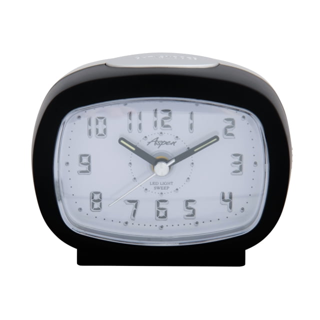 Aspen Analog Alarm Clock with Snooze & Blue LED Lighted Numbers in a retro rectangle design. Features a black frame, silent sweep movement for no ticking sound, and easy-to-read bold numbers on a white clock face. Compact and battery-operated, suitable for bedside or desk use.
