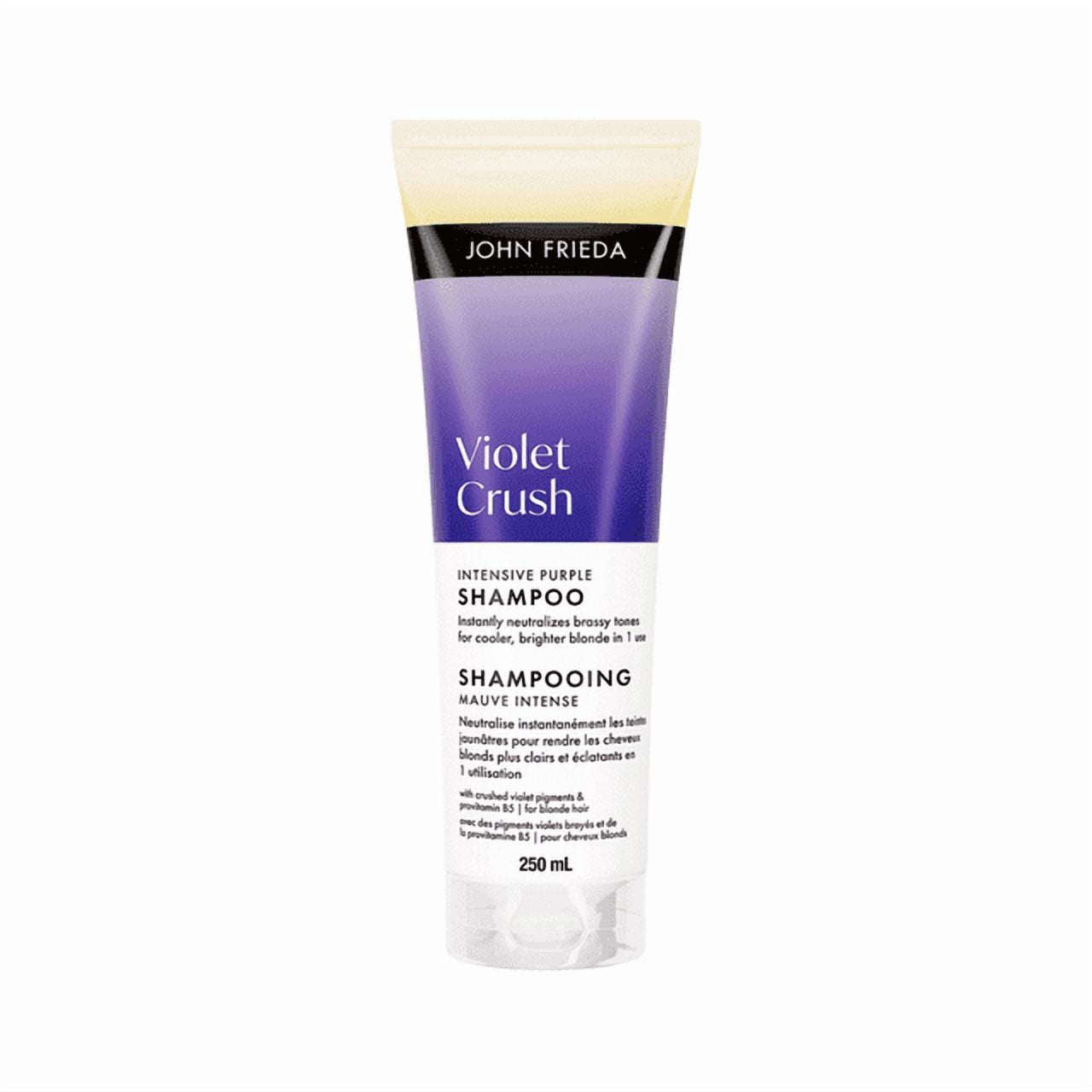 Shampoing John Frieda Violet Crush Intense Purple pour réparer les reflets cuivrés des cheveux blonds naturels et colorés