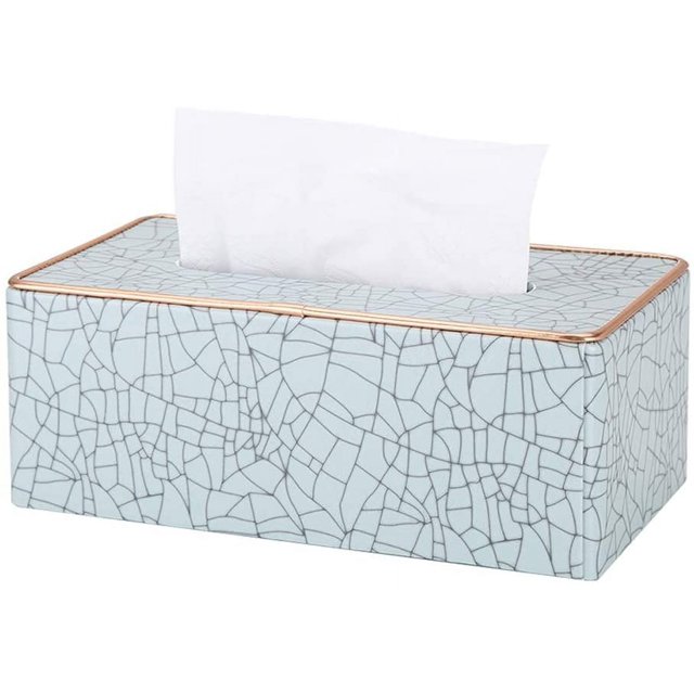 ORUYROP Leather Tissue Box Holder-Waterproof Rectangular Tissue Box Cover Vintage Napkin Paper Holder for Home,Office&Car Decor (Sky Blue+Golden Rim)