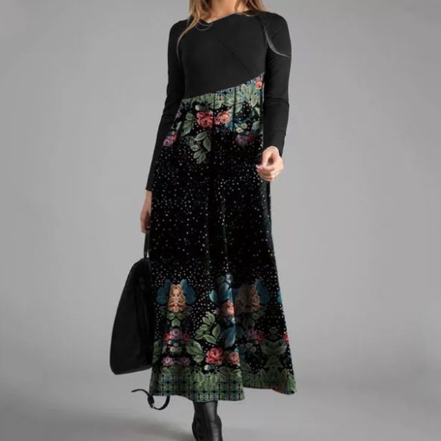 Mikilon Femmes Automne et Hiver Décontracté Ajusté à Manches Longues Longue Robe Imprimée Bohème, Robes D'automne pour Femmes