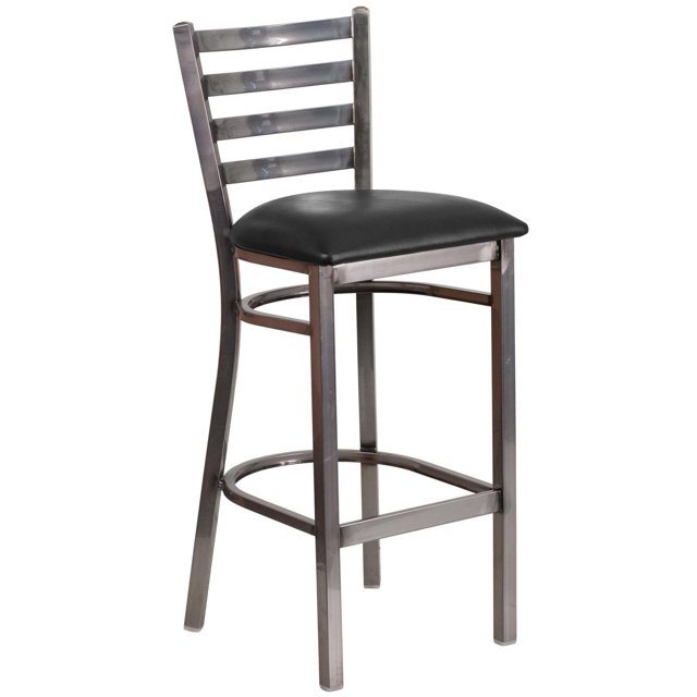 HERCULES Series Clear Coated Ladder Back Metal Restaurant Barstool - Black Vinyl Seat