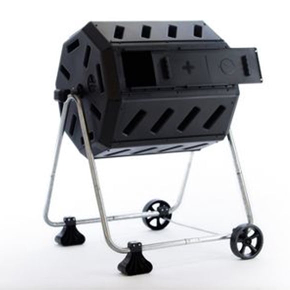 FCMP Outdoor 37 Gallon Dual Chamber Tumbling Composter Bin w/Wheels, Black