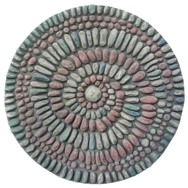 Angelo Décor Mosaic Pebble Stepping Stone, 10-inch diameter, featuring a textured circular design of multicoloured pebbles in grey, pink, and blue, ideal for garden pathways, landscaping, or decorative flower bed accents.