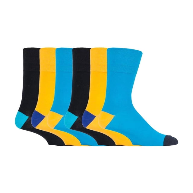 Gentle Grip - 6 Pairs Mens Gentle Grip Non Elastic Socks in vibrant blue, yellow, and black designs. These cotton-rich socks feature a HoneyComb Top for enhanced comfort, making them ideal for men with circulatory issues or swollen legs. Flat seamed toes provide breathable wearability, while gentle grip tops prevent constriction rings and stay securely in place. Perfect for diabetics and everyday use.