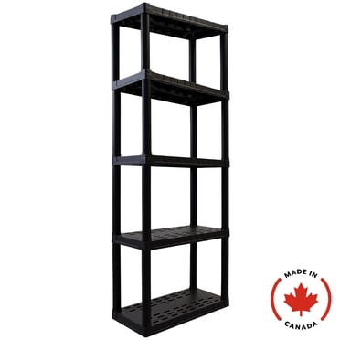 Étagères de garage ultra-résistantes en plastique à 5 niveaux, 190 cm (H) x 35 cm (P) x 76 cm (L), noir, capacité totale de 204 kg.