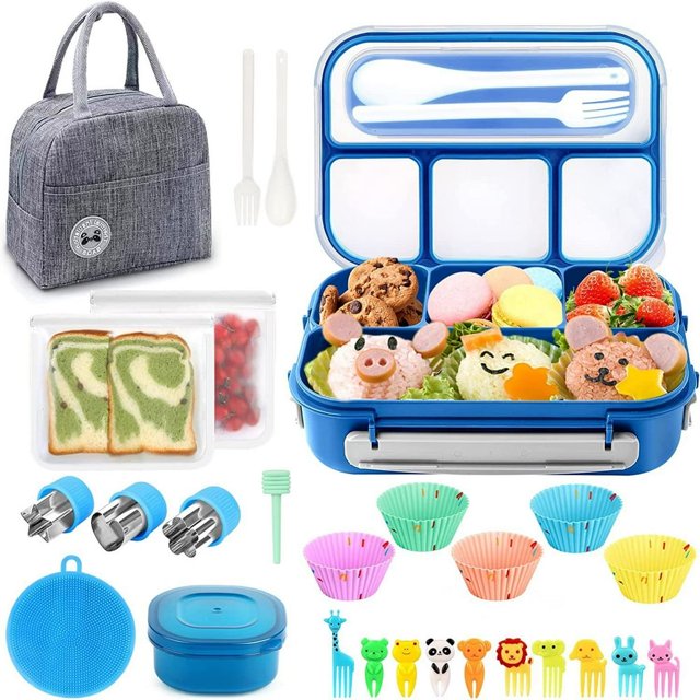 27Pcs Bento Box Lunch Box Kit Blue 1.3L Durable Leak-proof Box 4 Compartments with Spoon Fork Bag Accessories