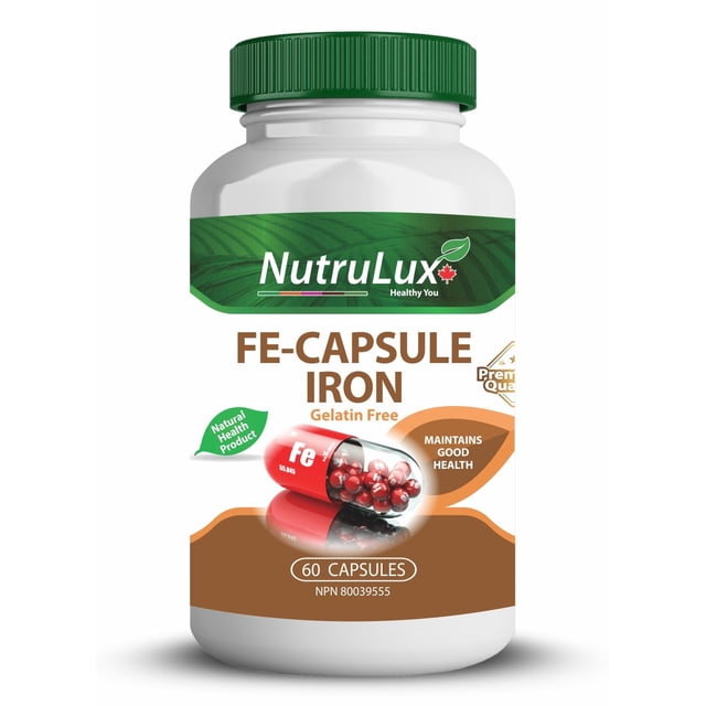 Fe Capsule Iron (50 mg Ocimum Tenuiflorum) Halal Gelatin Free Capsules by NutruLux, displayed in a white bottle with a green cap and label emphasizing its natural health product features. The label highlights 60 capsules, halal certification, and gelatin-free formulation. A red capsule filled with iron beads is prominently shown, representing its high iron content and bioavailability sourced from Ocimum Tenuiflorum.