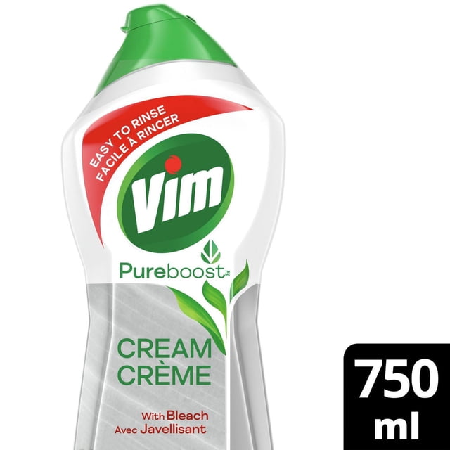 Vim PureBoost™ Multi-purpose Cleaner with Bleach in a 750 ml white plastic bottle with green flip-top cap, cream formula with micro-particles for tough dirt, scum, and grease removal, suitable for kitchen and bathroom surfaces with easy rinse.